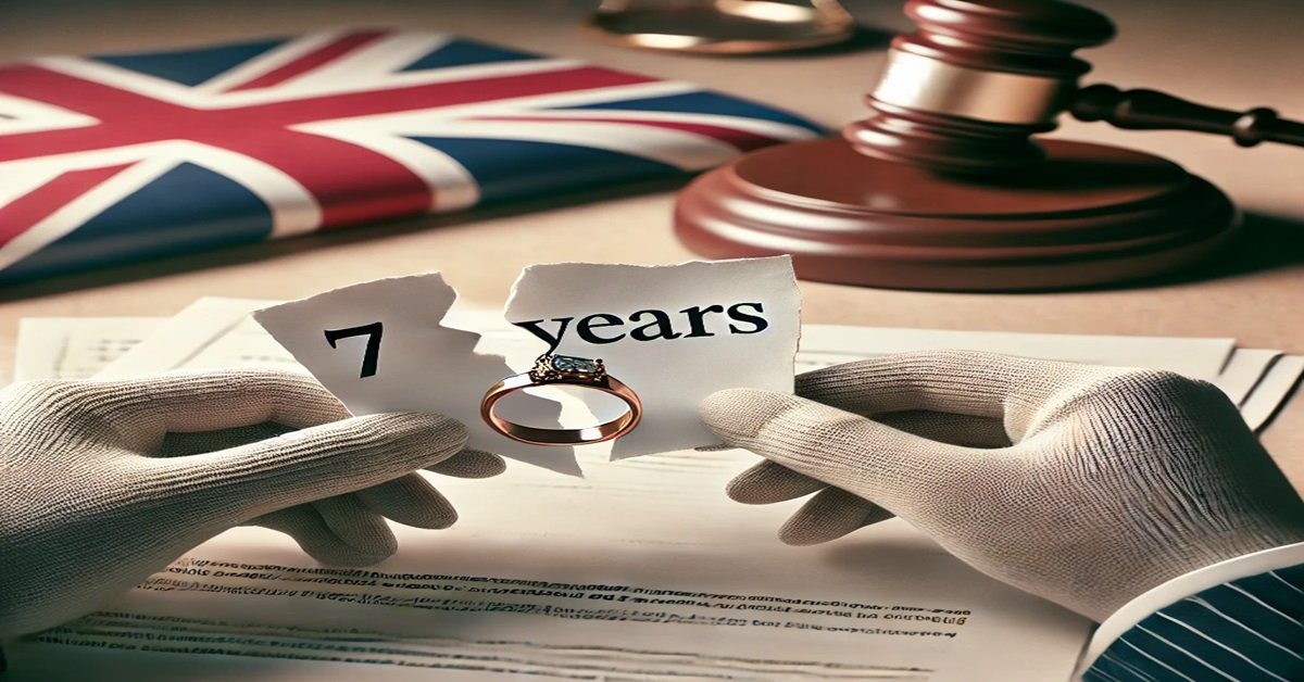 Broken wedding ring on legal documents, with "7 years" torn paper, UK flag, and gavel in the background.