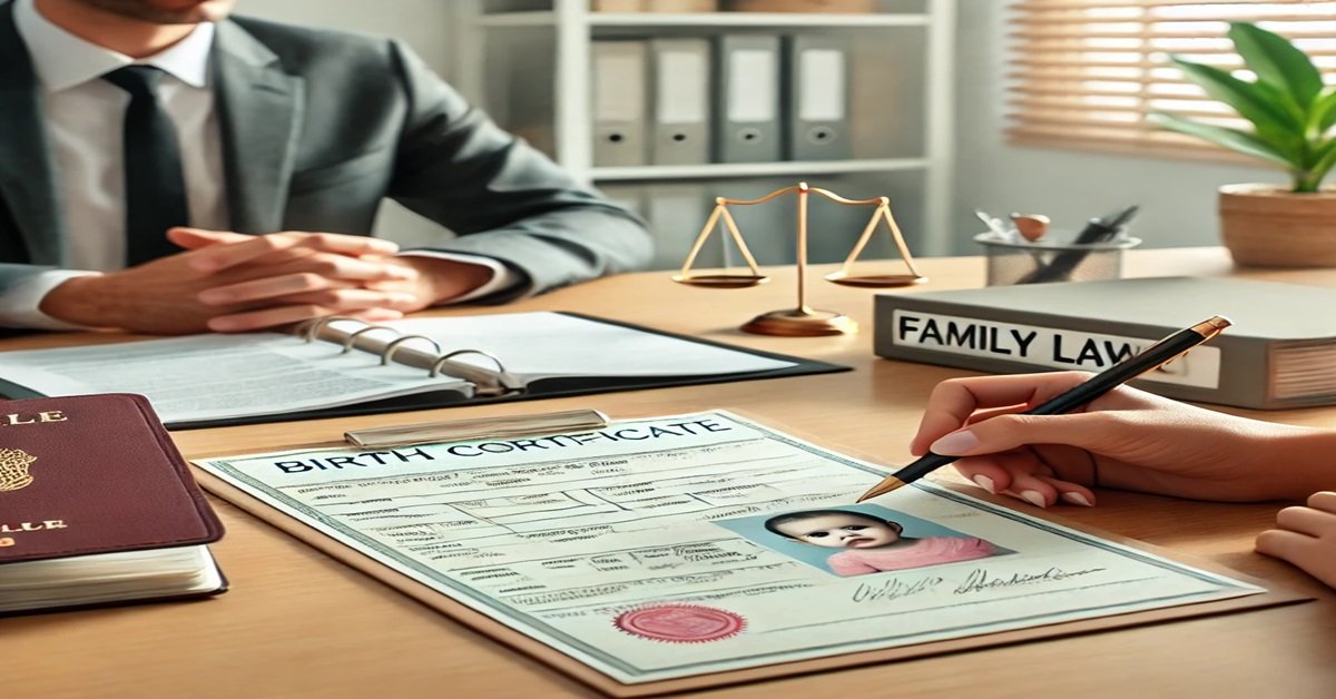 Parent and legal professional reviewing a birth certificate in an office, symbolizing the process of changing or correcting details on the document.