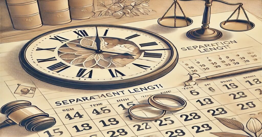 Clock and broken rings with a marked calendar, symbolizing the impact of time on divorce, and legal symbols in the background