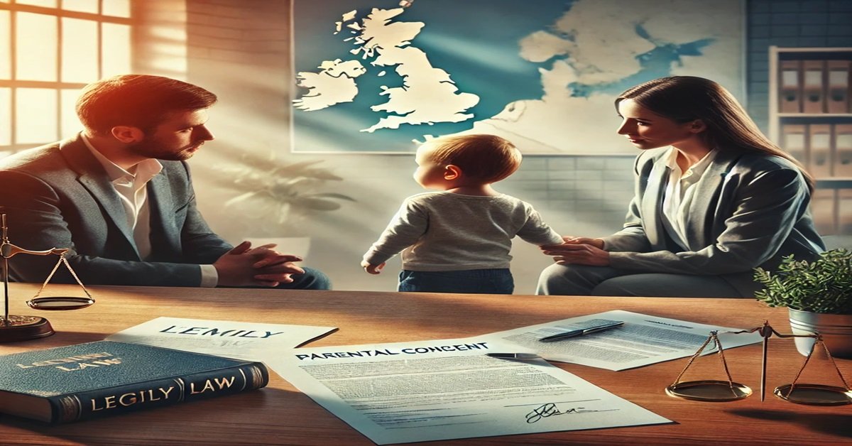 Parents discussing legal documents in a family law office, symbolizing parental consent for a child's name change in the UK, with subtle hints of regional differences.