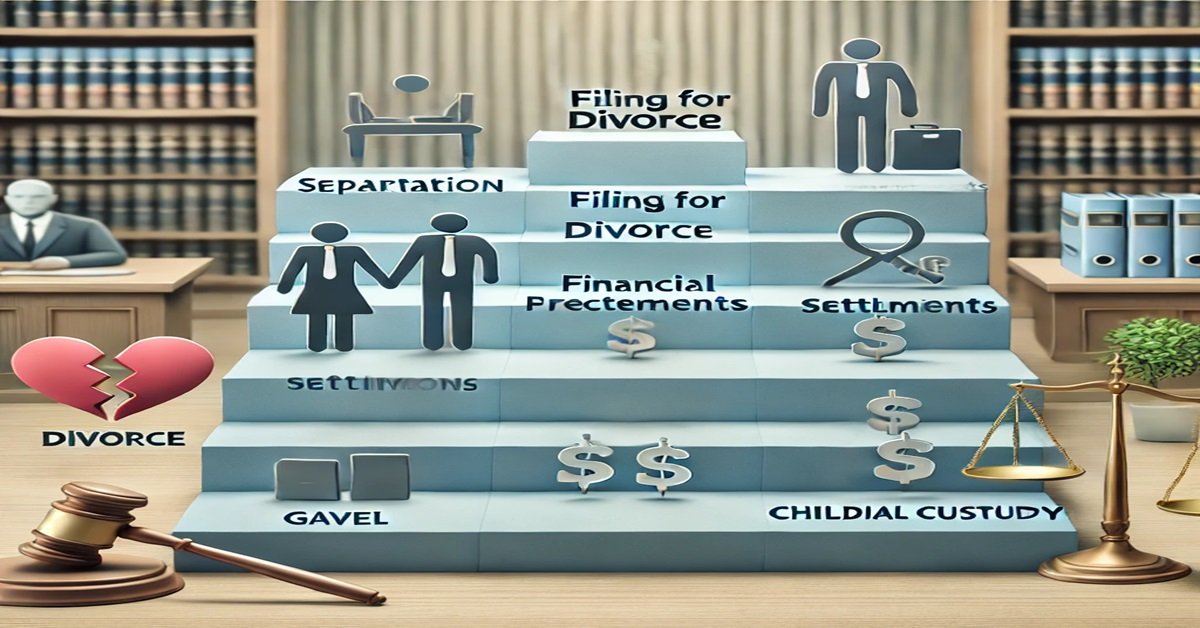 A staircase showing steps like "Separation" and "Filing for Divorce," with related icons and a courtroom background