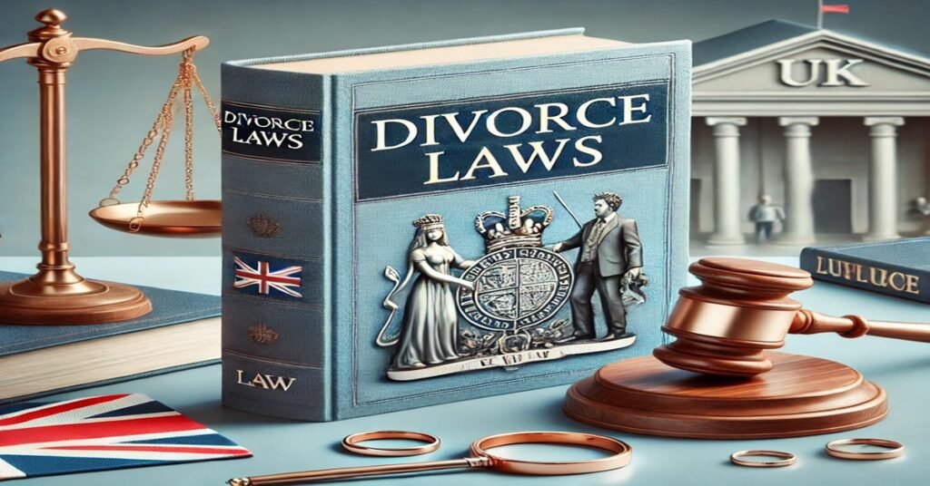 A law book titled "Divorce Laws," scales of justice, and UK flag bookmark, with a courtroom background.