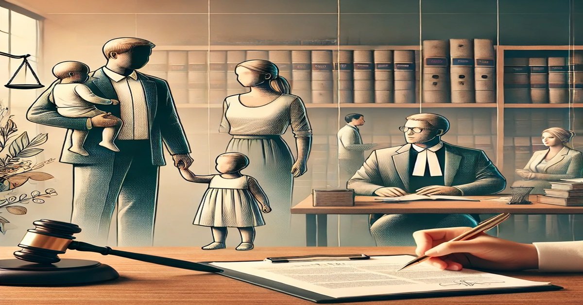 Parent holding child's hand in a legal office with documents on a desk, symbolizing child name change process in the UK.