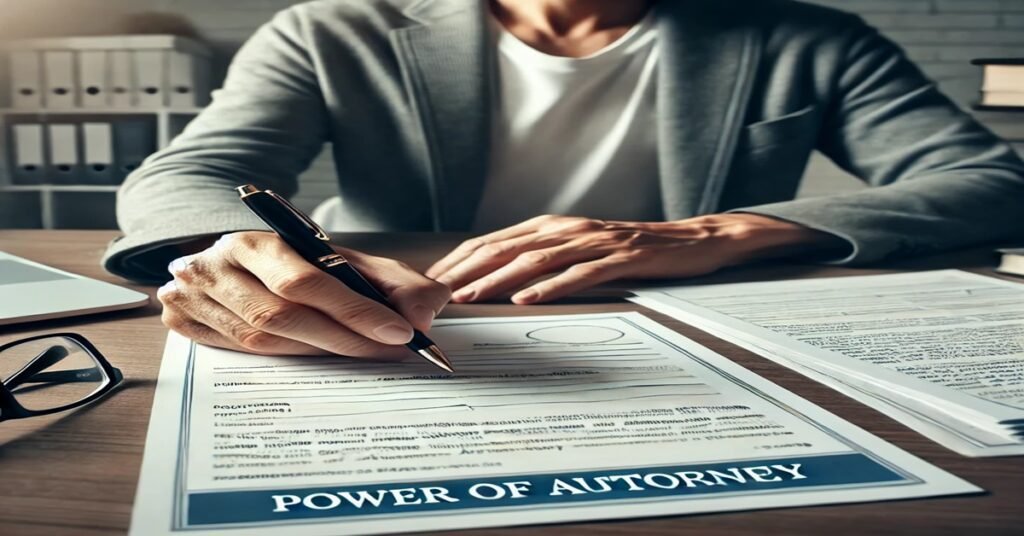 Close-up of hands filling out Power of Attorney forms on a desk with papers and a laptop