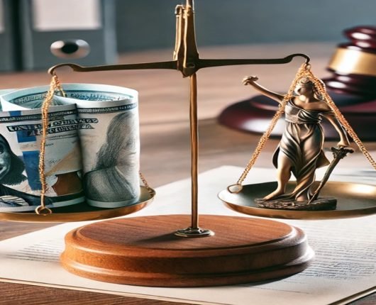 Scales balancing money and a child figure, symbolizing financial settlements and child custody, with a legal backdrop.